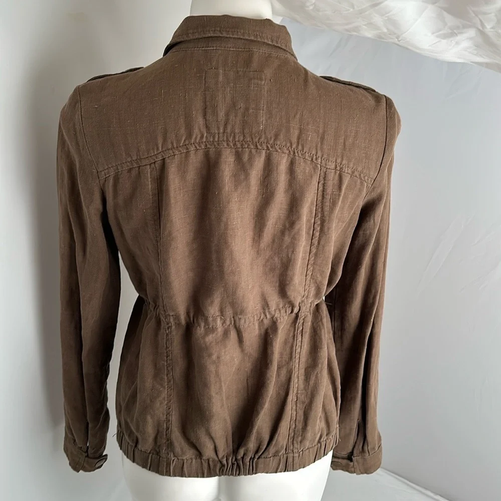 Free People olive Military Platoon linen full zip and snap utility jacket